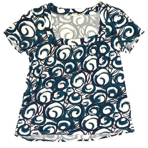 J. Crew Factory Top Square Neck Short‎ Sleeve Swirl Pattern Blue Teal Women's S - Picture 1 of 9
